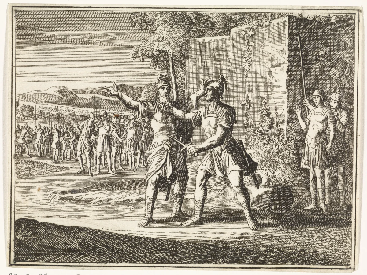 Joab vermoordt Amasa by Caspar Luyken, print, 1712