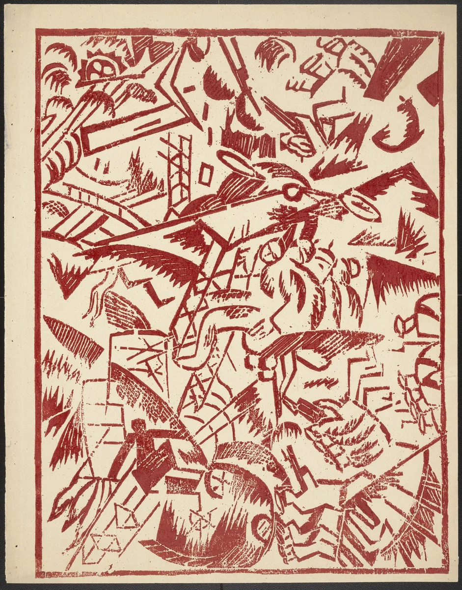 Bitva v trekh sferakh (na sush, na mor i v vozdukh) (Battle in Three Spheres [Land, Sea, and Air]) from Voina (War) by Olga Rozanova, illustrated book, 1915