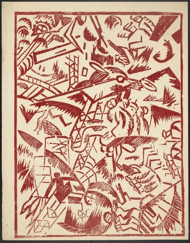 Bitva v trekh sferakh (na sush, na mor i v vozdukh) (Battle in Three Spheres [Land, Sea, and Air]) from Voina (War) by Olga Rozanova, illustrated book, 1915