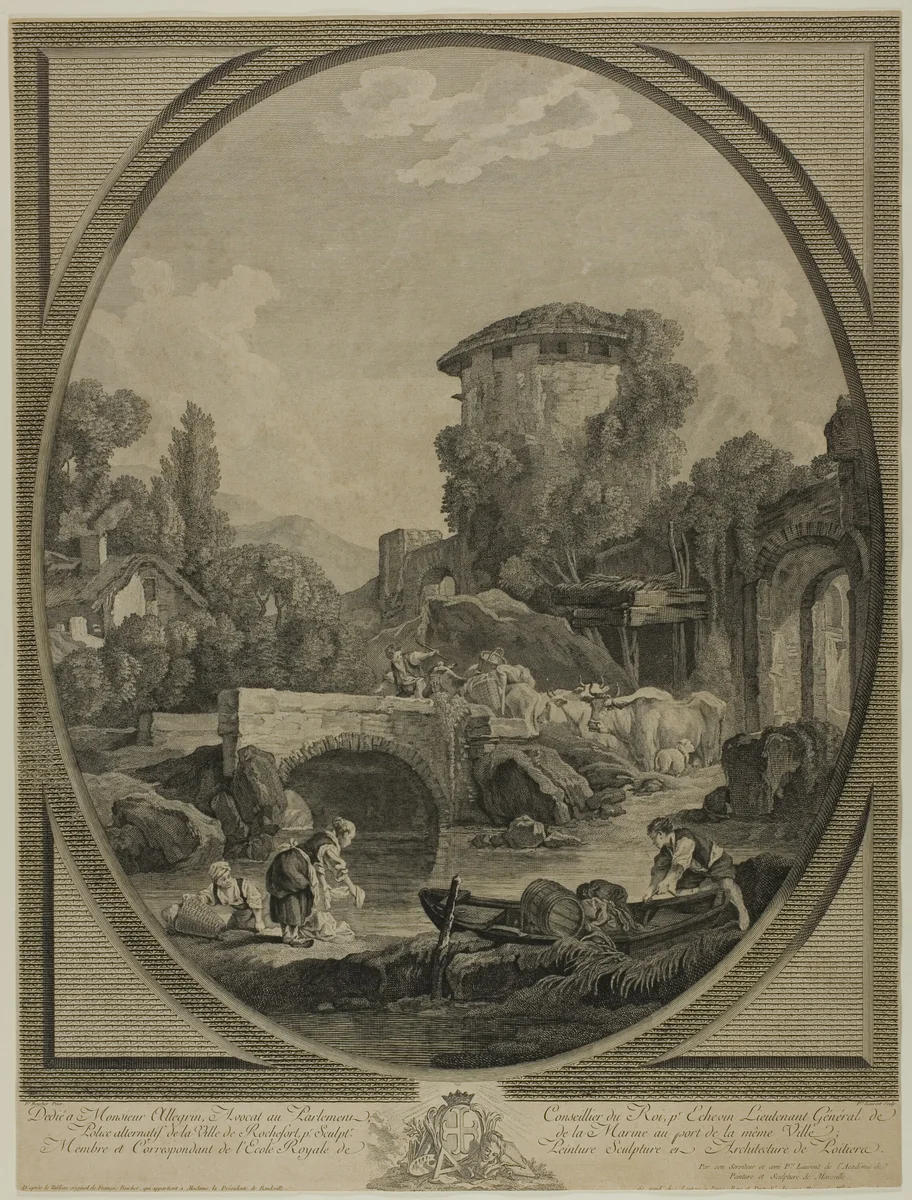 Landscape with a Bridge and a Dovecote by François Boucher, print, 1701-1800