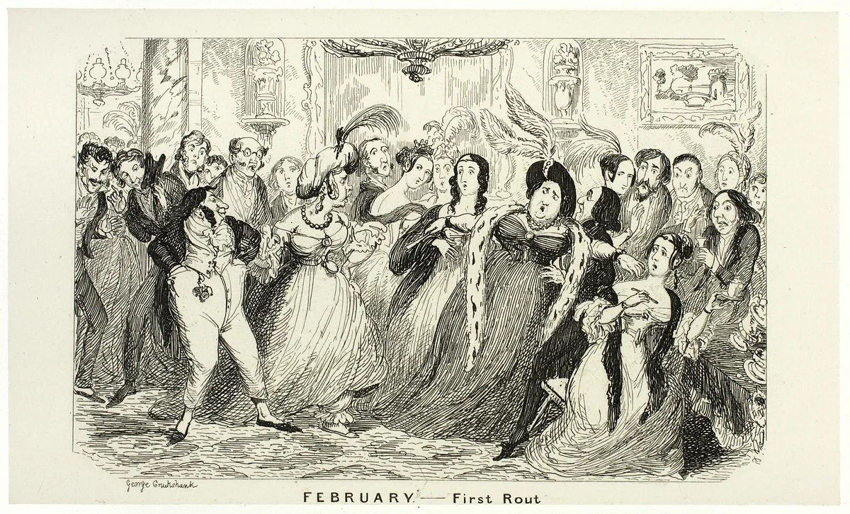 February - First Rout from George Cruikshank's Steel Etchings to The Comic Almanacks: 1835-1853 by George Cruikshank, print, 1840