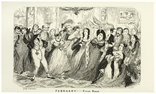 February - First Rout from George Cruikshank's Steel Etchings to The Comic Almanacks: 1835-1853 by George Cruikshank, print, 1840