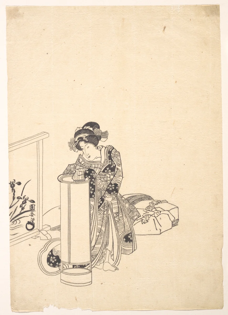 Young Woman Leaning over a Tall Lamp by Utagawa Kuniyasu, print, 1794-1834