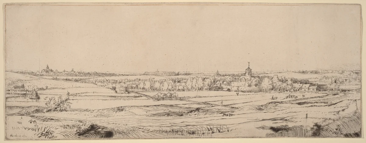 Landscape with a View toward Haarlem (The Goldweigher's Field) by Rembrandt van Rijn, print, 1651