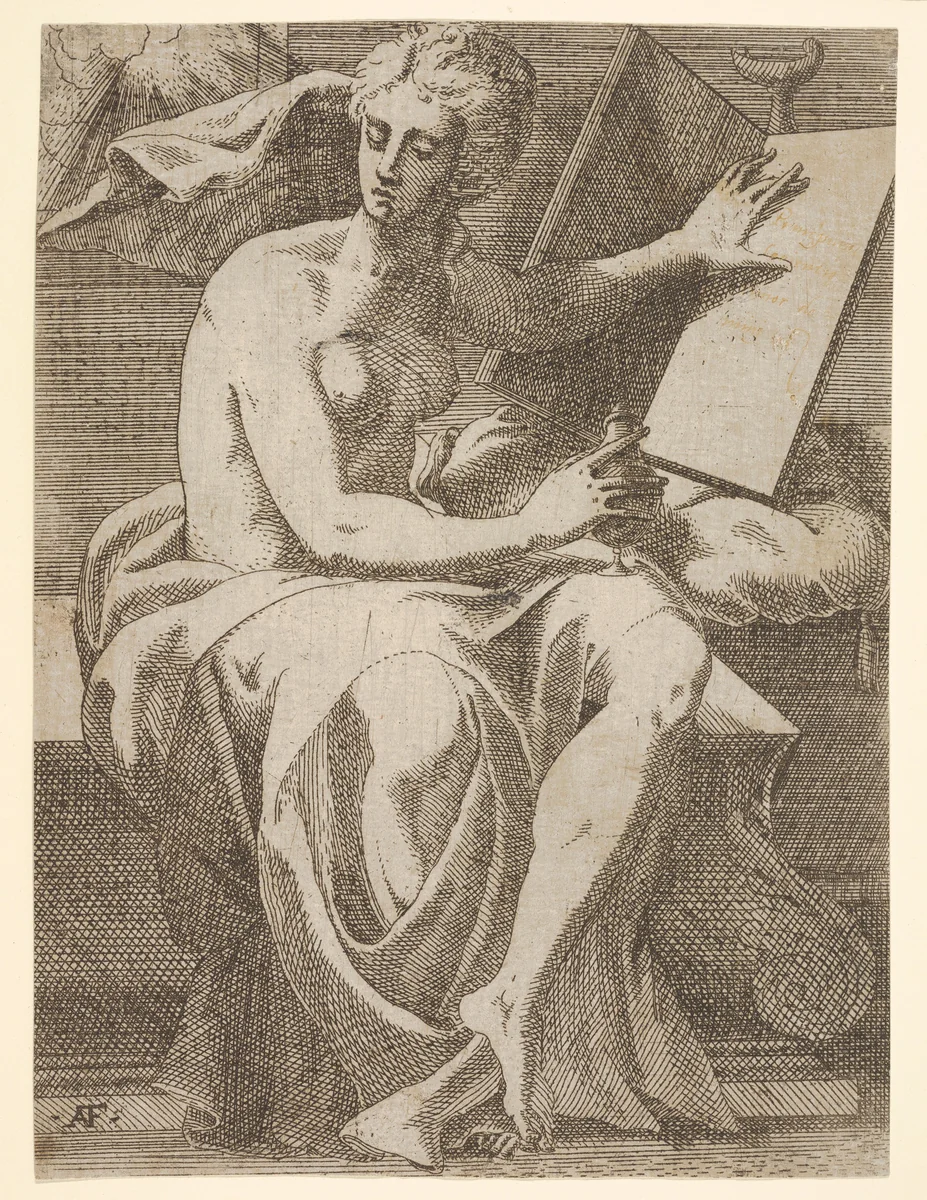 Sibyl seated before an open book upon which she rests her left hand, she twists her face away from the book and holds a vessel in her right hand by Antonio Fantuzzi, print, 1537-1545