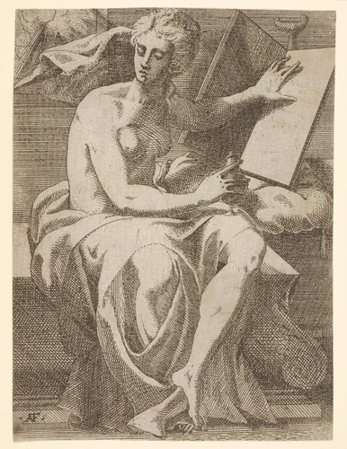 Sibyl seated before an open book upon which she rests her left hand, she twists her face away from the book and holds a vessel in her right hand by Antonio Fantuzzi, print, 1537-1545