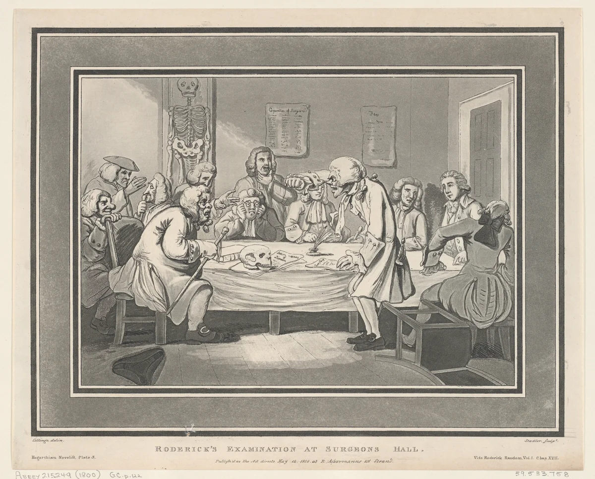 Roderick's Examination at Surgeon's Hall by Thomas Rowlandson, print, 1800