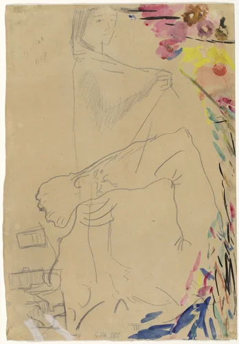 Nude with Back Turned (In den Hüften nach links gedrehter weiblicher Rückenakt) (recto); Untitled (verso) by Oskar Kokoschka, drawing, 1909