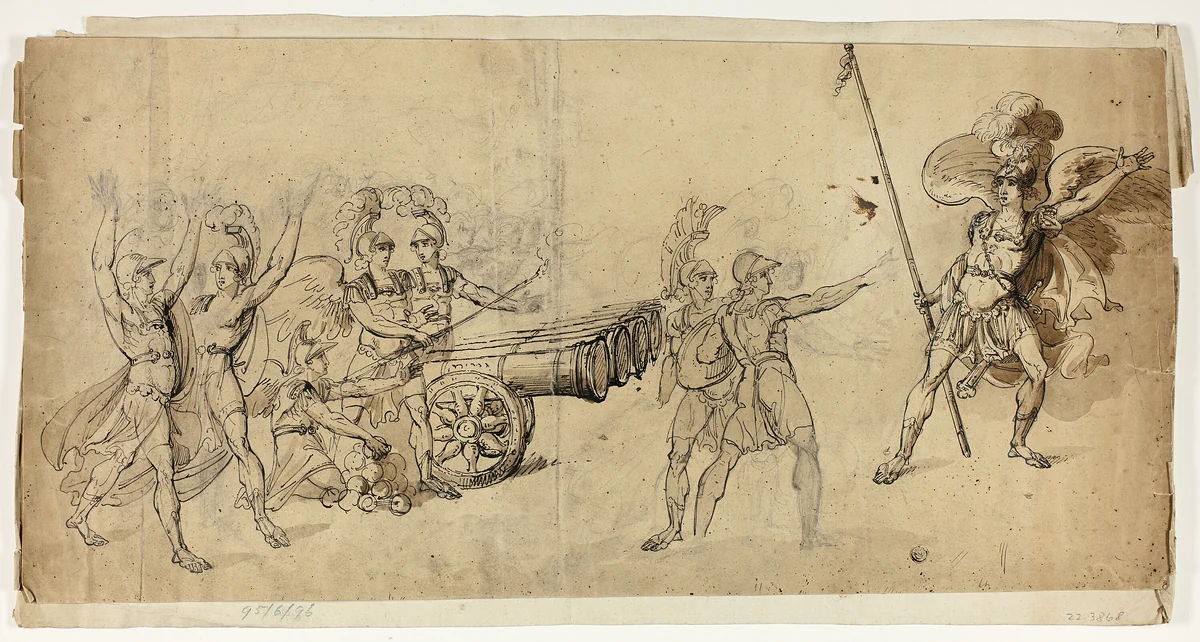 Angelic Artillery (recto); Battle Scene (verso) by Unknown Artist, drawing, 1800-1899