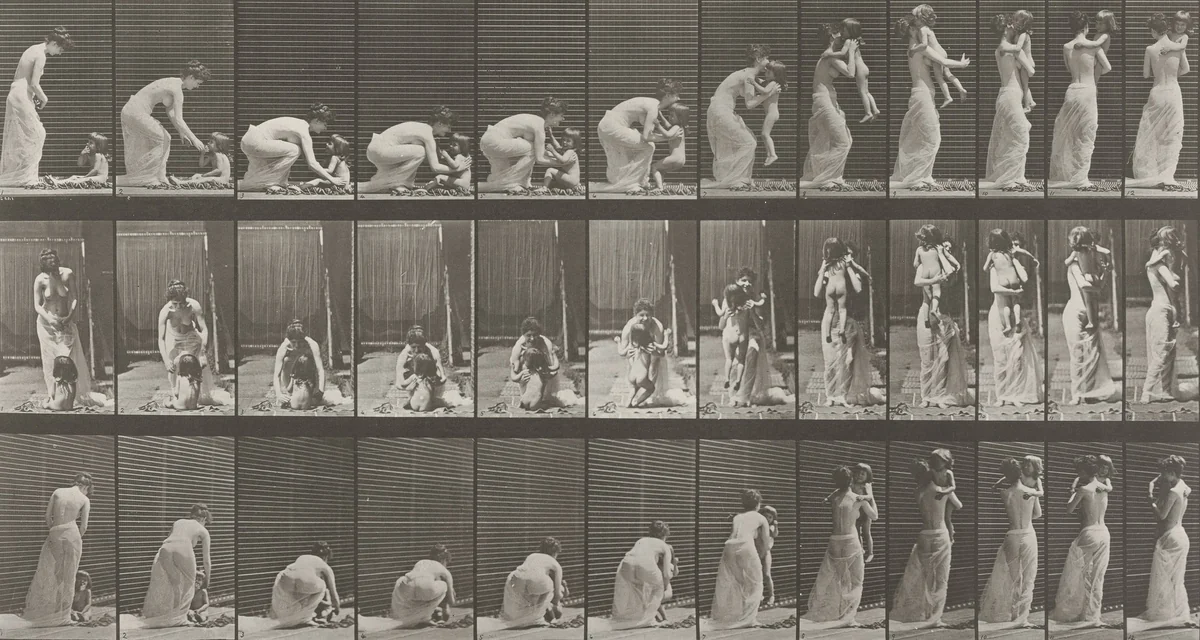 Woman Lifting a Child from the Ground and Turning Around: Plate 214 from Animal Locomotion (1887) by Eadweard Muybridge, photograph, 1884