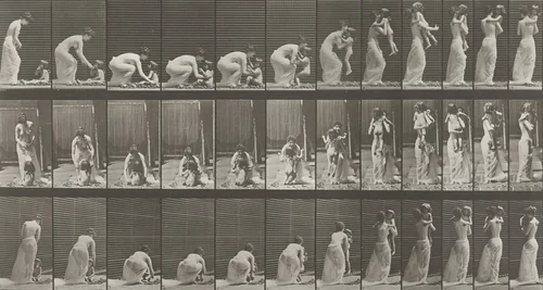 Woman Lifting a Child from the Ground and Turning Around: Plate 214 from Animal Locomotion (1887) by Eadweard Muybridge, photograph, 1884