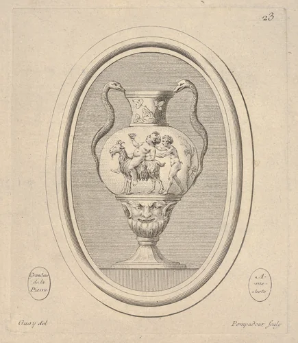Vase with mask, a nude cup-bearing figure riding a goat followed by a satyr, and reptile handles, an oval composition, from "Suite d'estampes Gravées par Madame la Marquise de Pompadour d'Après les Pierres gravées de Guay Graveur du Roy" by Madame la Marquise de Pompadour, print, 1751-1758