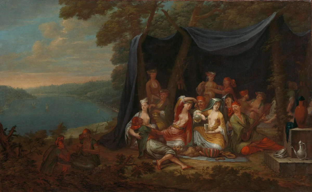 Feestende Turkse hovelingen voor een tent by Jean Baptiste Vanmour, painting, 1720-1737