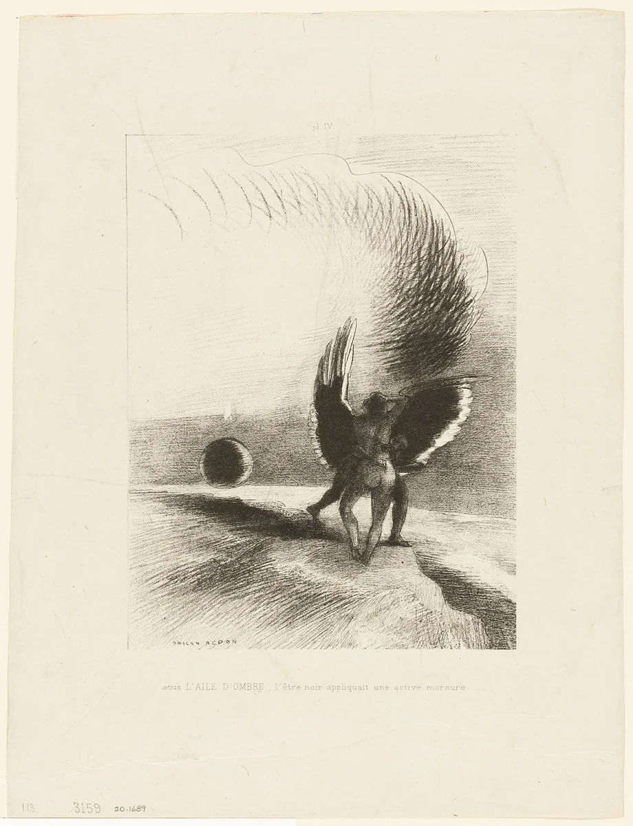 Beneath the Wing of a Shadow the Black Creature was Biting Energetically, plate 4 of 6 by Odilon Redon, print, 1891