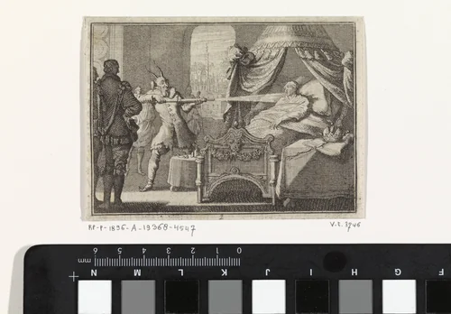 Keizer Hendrik II verbeeldt zich op zijn ziekbed dat hij wordt bespoten door een duivel by Caspar Luyken, print, 1710