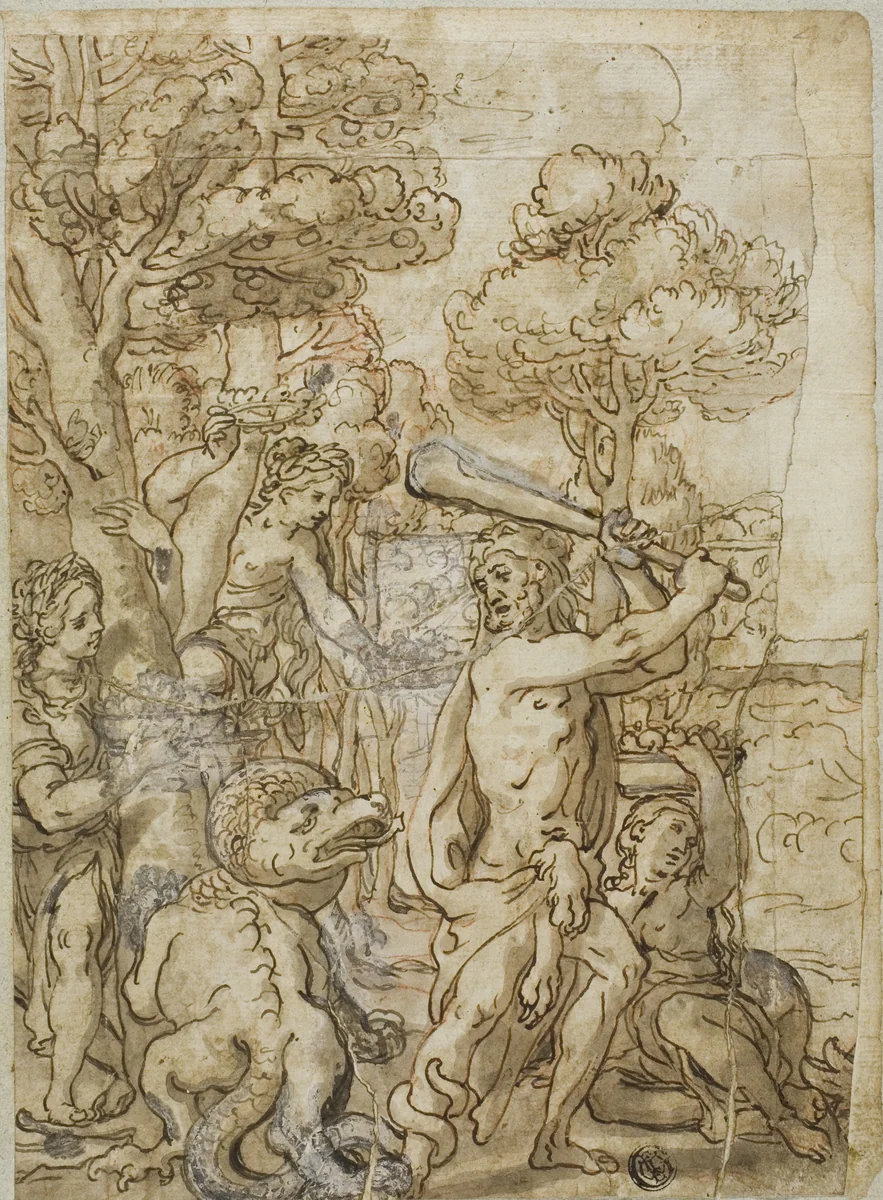 Hercules Slaying the Serpent Ladon in the Garden of the Hesperides by Andrea Lilio, drawing, 1600-1699