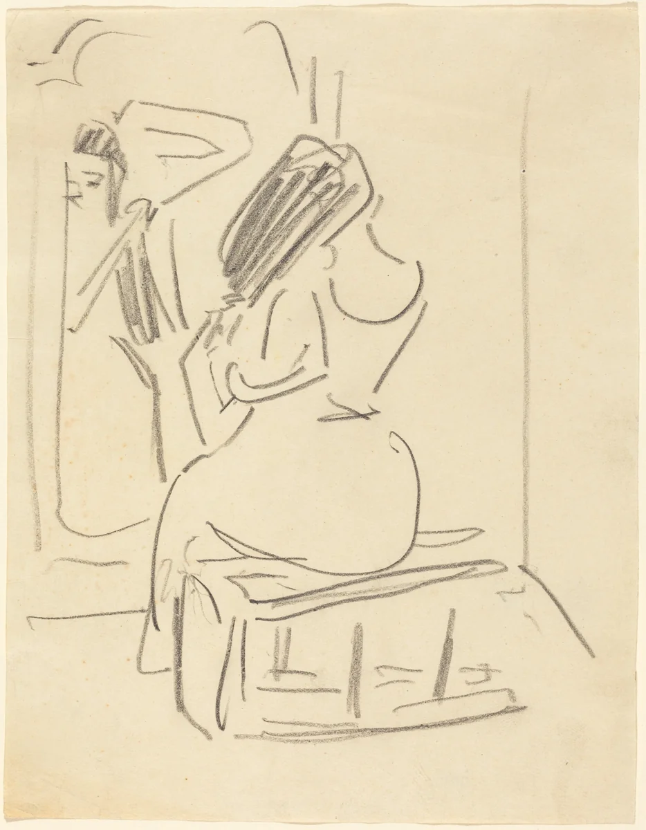 A Woman Combing Her Hair in Front of a Mirror by Ernst Ludwig Kirchner, drawing, 1880-1938