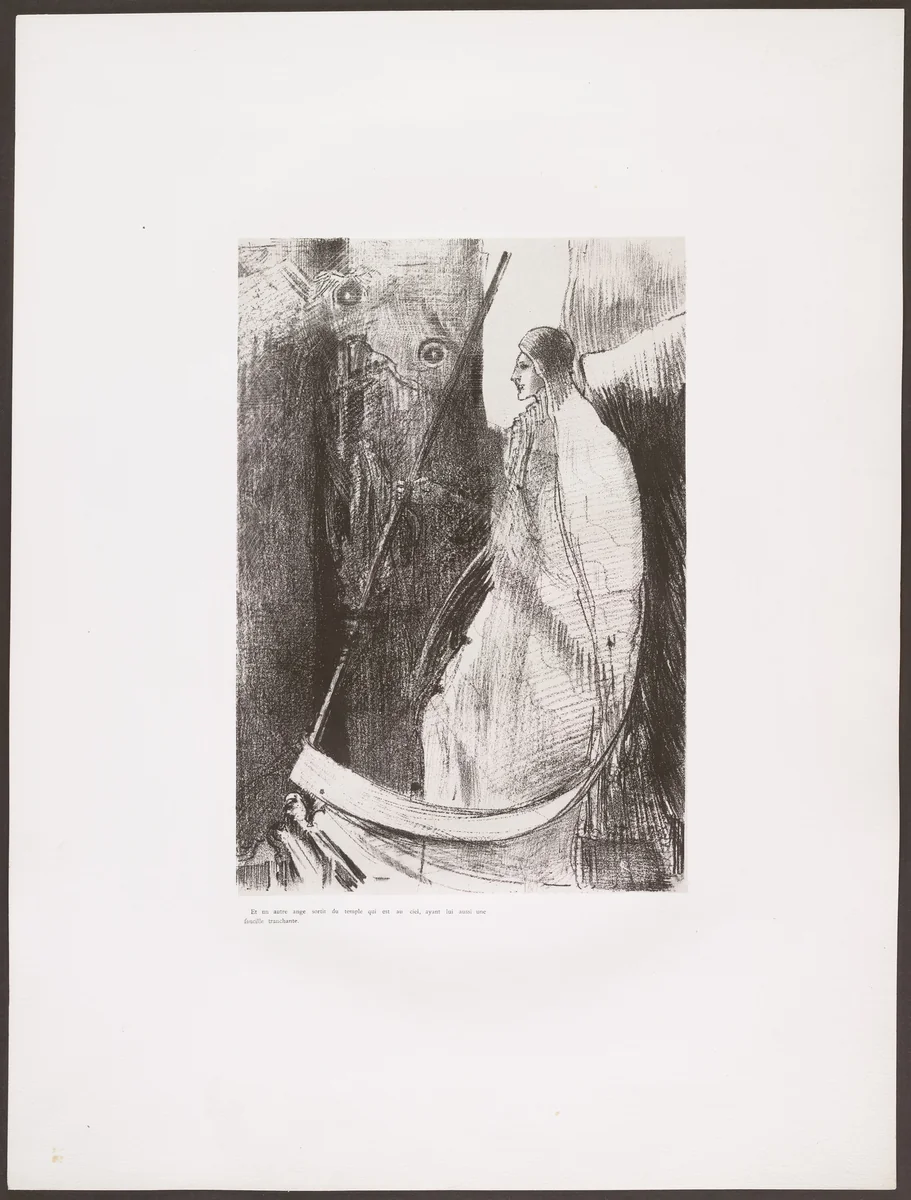 And Another Angel Came out of the Temple Which Is in Heaven, and He Also Having a Sharp Sickle (Et un autre ange sortit du temple qui est au ciel, ayant lui aussi une faucille tranchante) from Apocalypse of Saint John (Apocalypse de Saint-Jean) by Odilon Redon, print, 1899