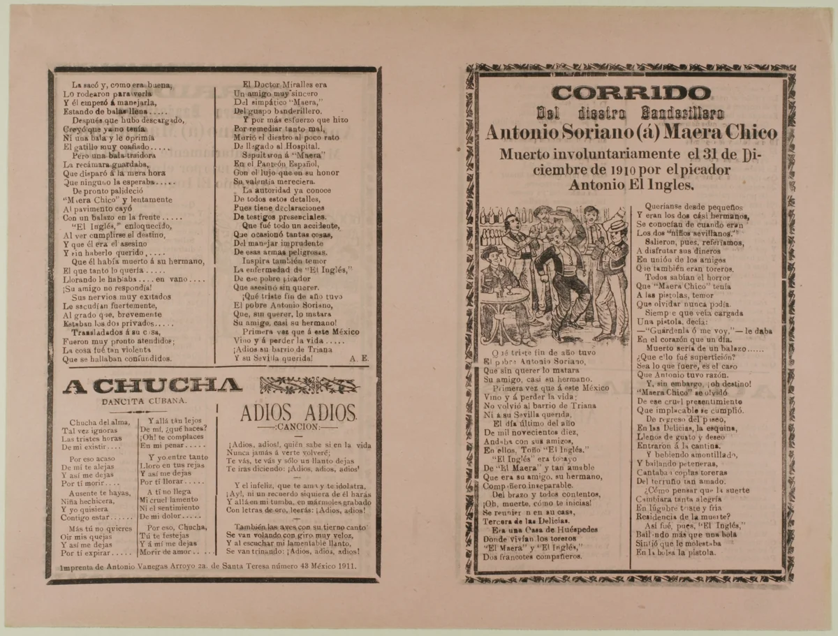 Corrido del diestro Banderillero Antonio Soriano (a) Maera Chico (Ballad of the Skilled Bullfighter Antonio Soriano, also known as Maera Chico) by José Guadalupe Posada, print, 1871-1913
