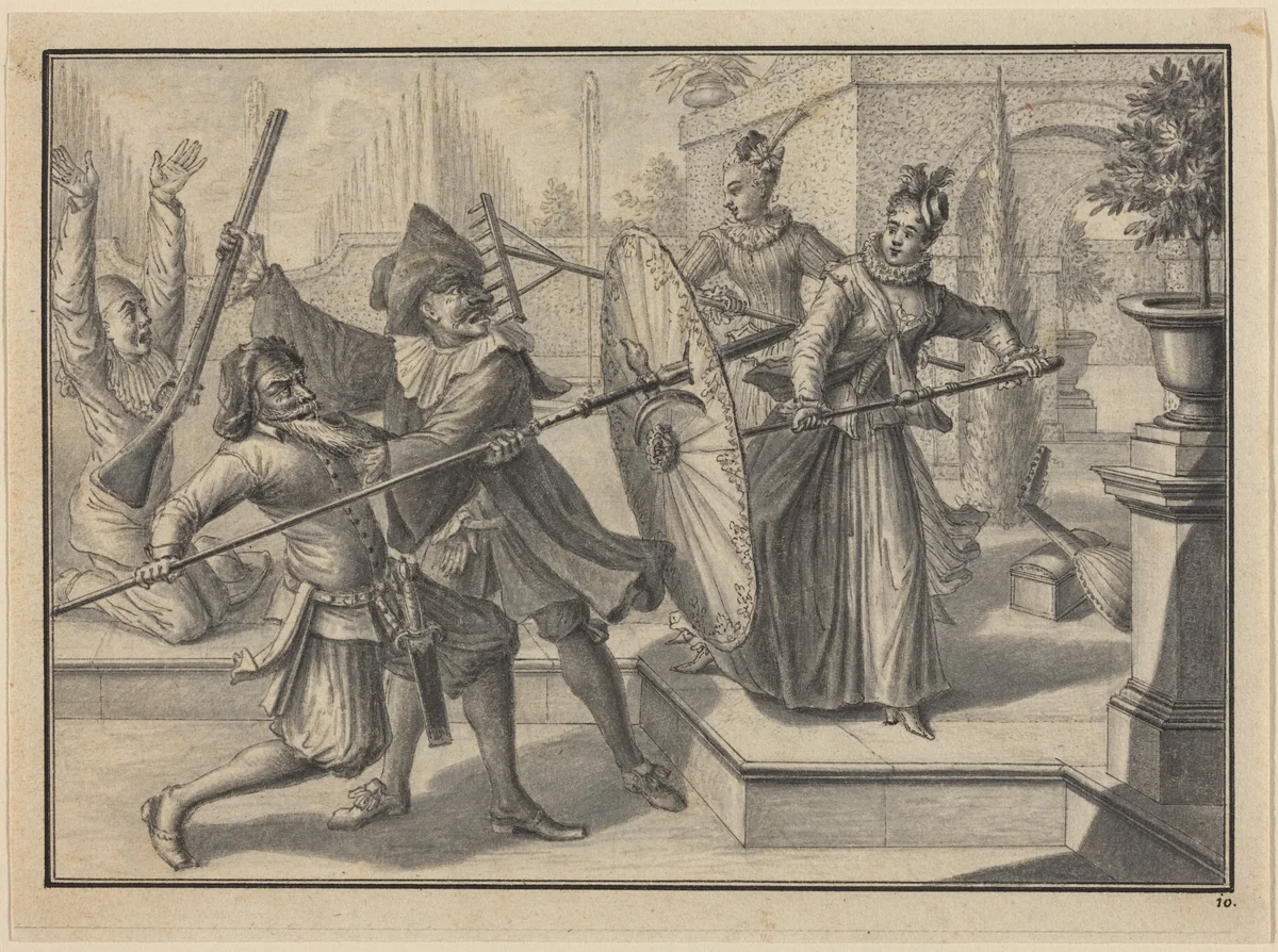 Pantaloon and the Doctor Fighting with Columbine and Brigatella in the Garden by Johann Jacob Schübler, drawing, 1729