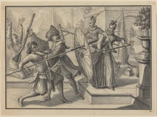 Pantaloon and the Doctor Fighting with Columbine and Brigatella in the Garden by Johann Jacob Schübler, drawing, 1729