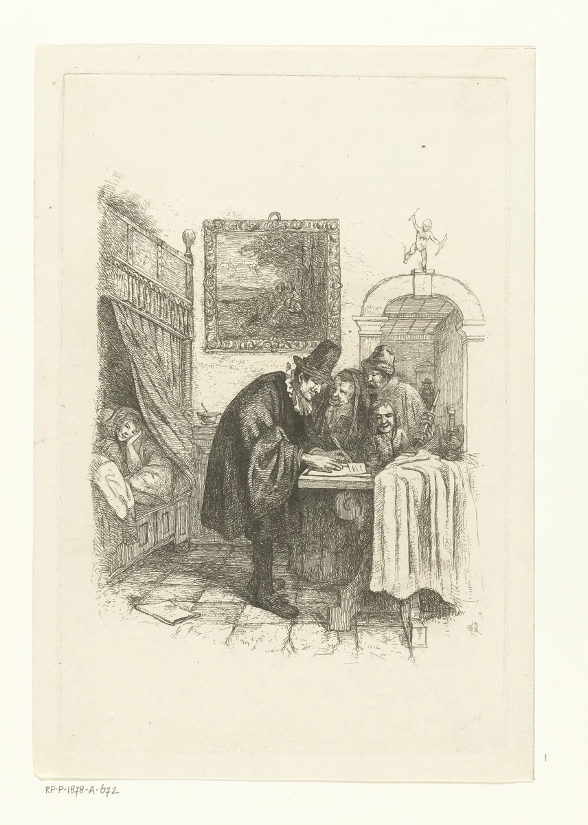 Dokter op huisbezoek bij zieke vrouw by Albertus Brondgeest, print, 1796-1849