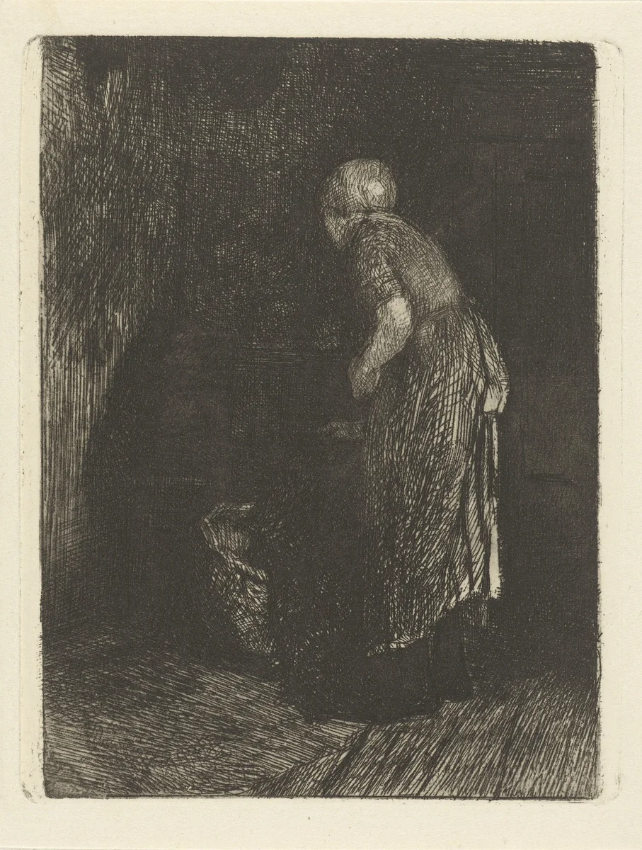 Vrouw kijkt in een wieg by Bernardus Johannes Blommers, print, 1855-1914