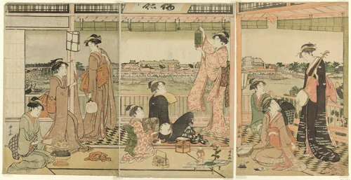 A Party Viewing the Moon Across the Sumida River by Torii Kiyonaga (鳥居清長), print, 1782-1892