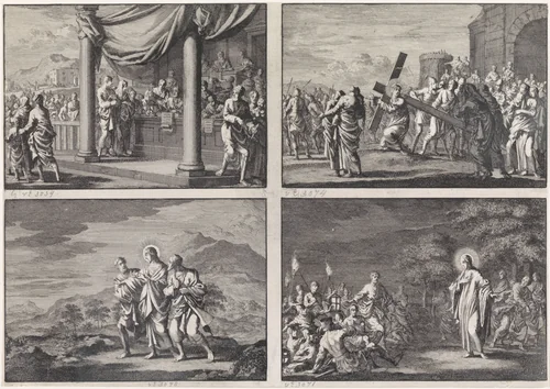 Vier voorstellingen uit het Nieuwe Testament by Jan Luyken, print, 1703