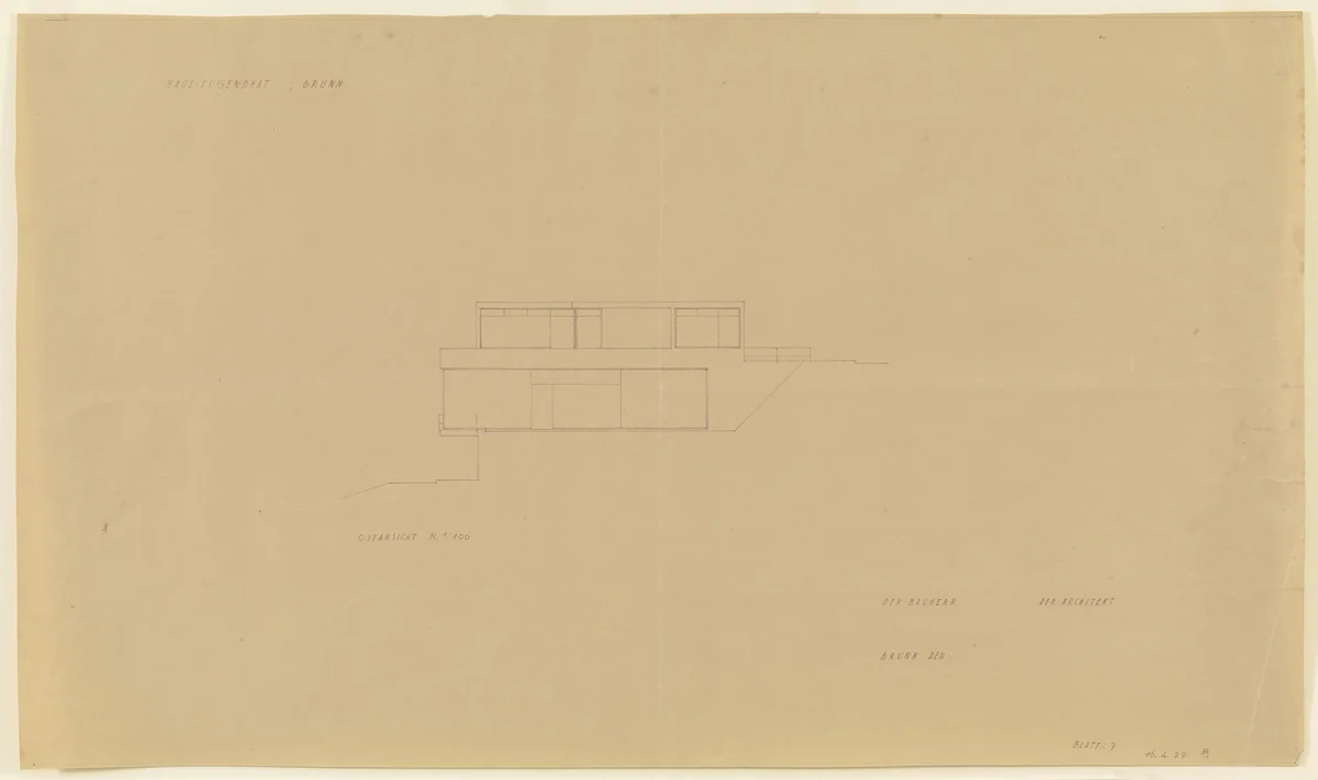 Tugendhat House, Brno, Czech Republic (East elevation) by Ludwig Mies van der Rohe, mies van der rohe archive, 1928