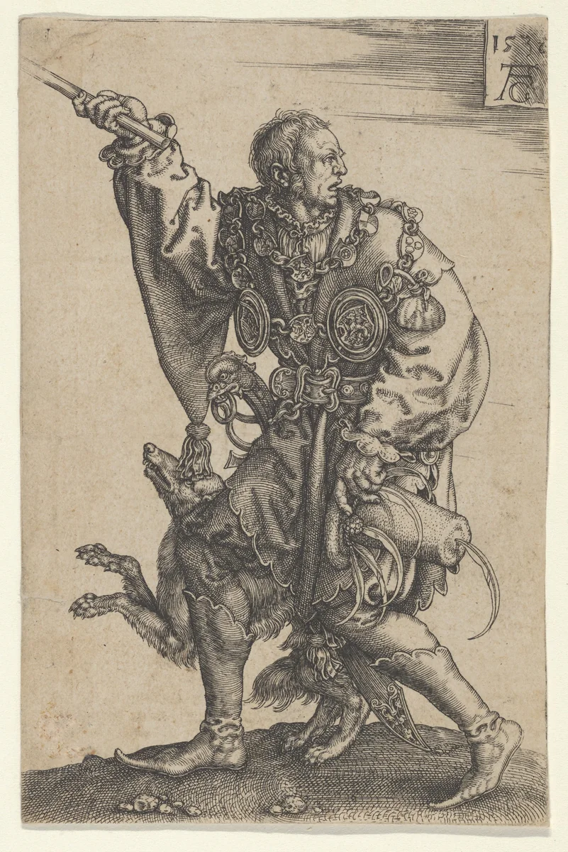 Master of Ceremonies with a Dog, from "The Large Wedding Dancers" by Heinrich Aldegrever, print, 1538