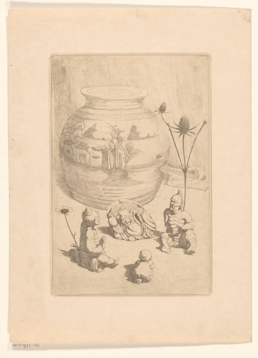 Chinese vaas met vier kleine beelden by Maurits van der Valk, print, 1867-1935