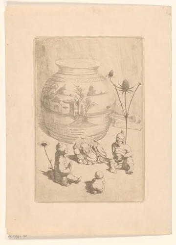 Chinese vaas met vier kleine beelden by Maurits van der Valk, print, 1867-1935