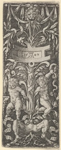 Panel of Ornament with Two Nude Boys Standing on the Legs of a Satyr by Heinrich Aldegrever, print, 1549