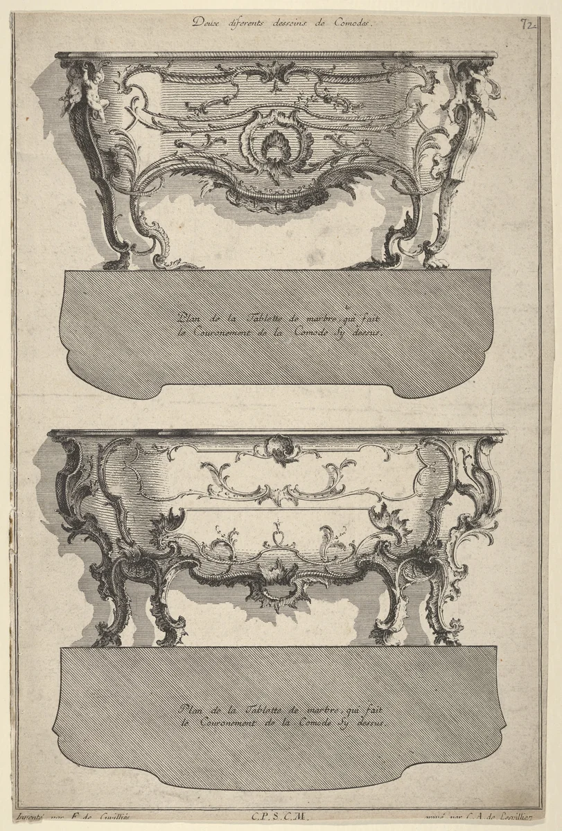Designs for Two Commodes , from 'Livre de differents dessein de Comodes' by Jean François Cuvilliés, print, 1745-1756