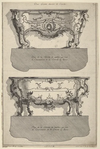 Designs for Two Commodes , from 'Livre de differents dessein de Comodes' by Jean François Cuvilliés, print, 1745-1756
