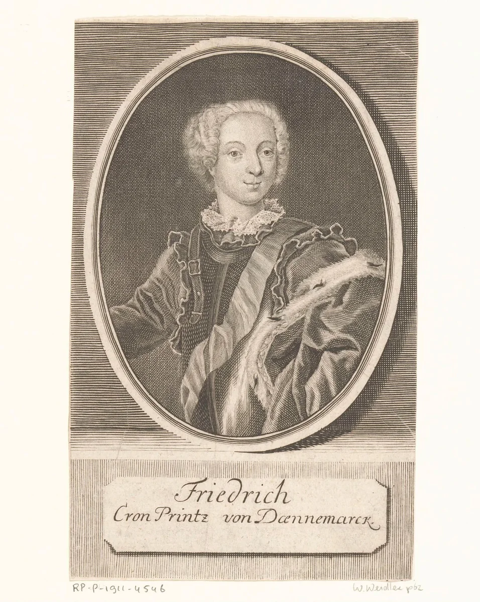 Portret van Frederik V van Denemarken als kroonprins by Johann Martin Bernigeroth, print, 1733-1746