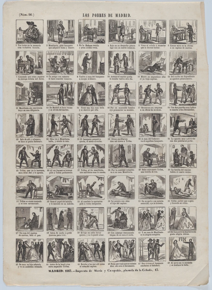 Broadside with 48 scenes relating to the poor people of Madrid by José María Marés, print, 1863
