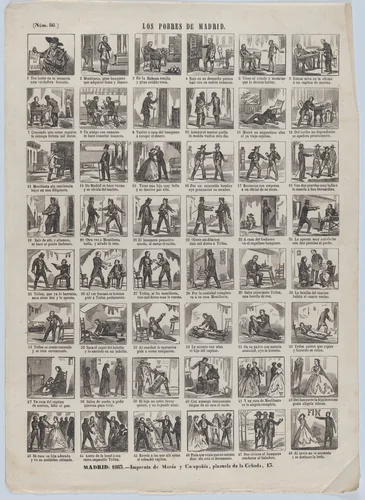 Broadside with 48 scenes relating to the poor people of Madrid by José María Marés, print, 1863
