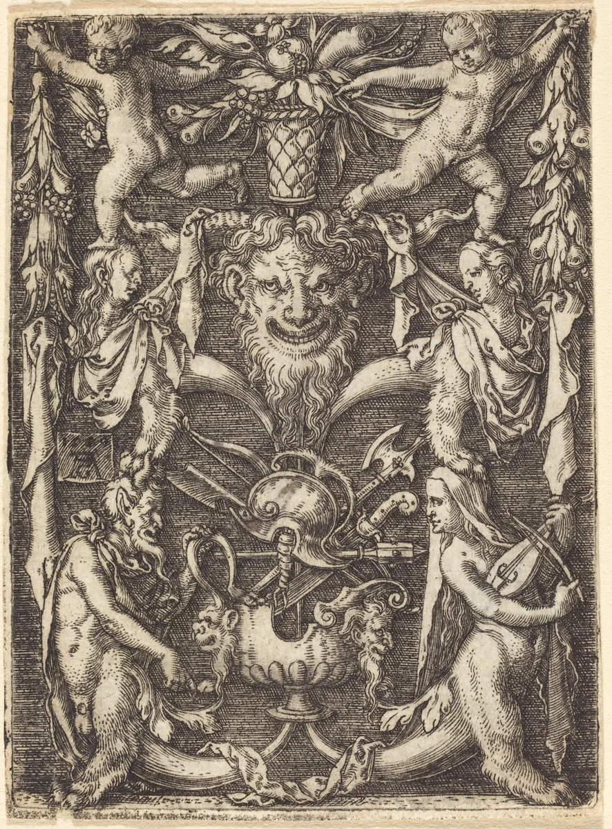 Ornament with Mask by Heinrich Aldegrever, print, 1550
