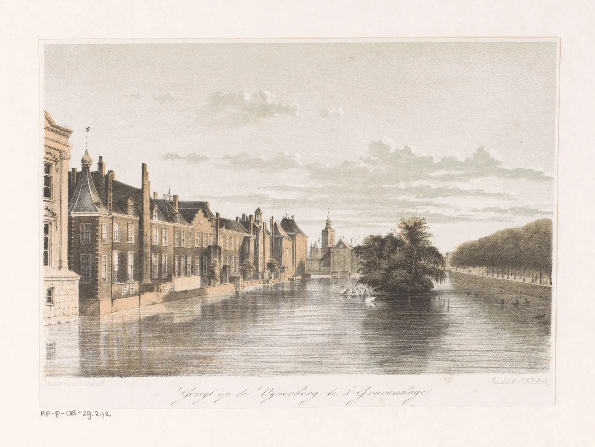 Gezicht op de Hofvijver in Den Haag by anonymous, print, 1863
