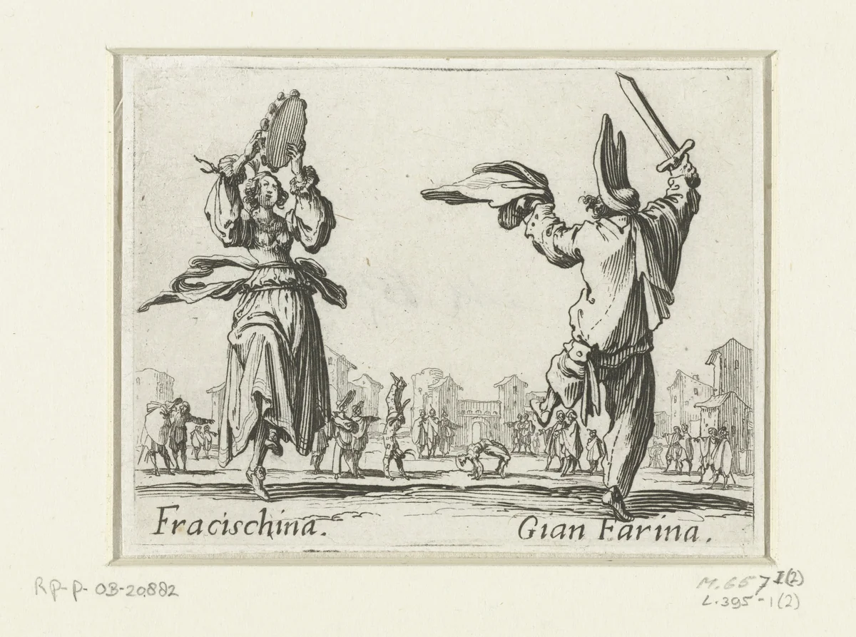 Twee straatartiesten als Fracischina en Gian Farina by Jacques Callot, print, 1621-1622