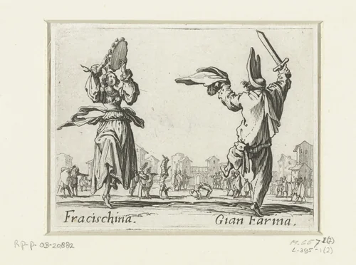 Twee straatartiesten als Fracischina en Gian Farina by Jacques Callot, print, 1621-1622