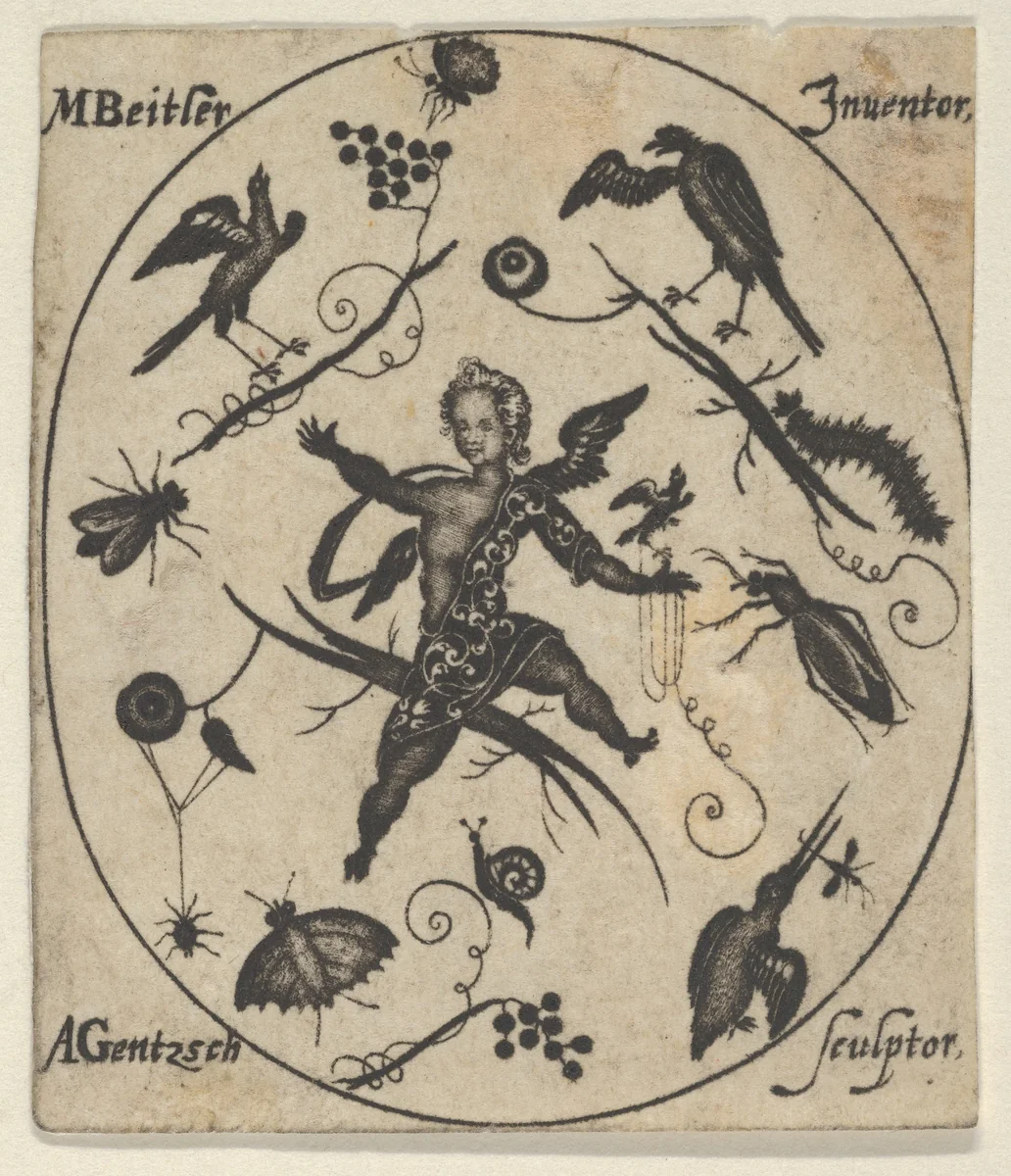 Blackwork Design for Goldsmithwork with a Putto, Birds and Insects by Andreas Gentzsch, print, 1616