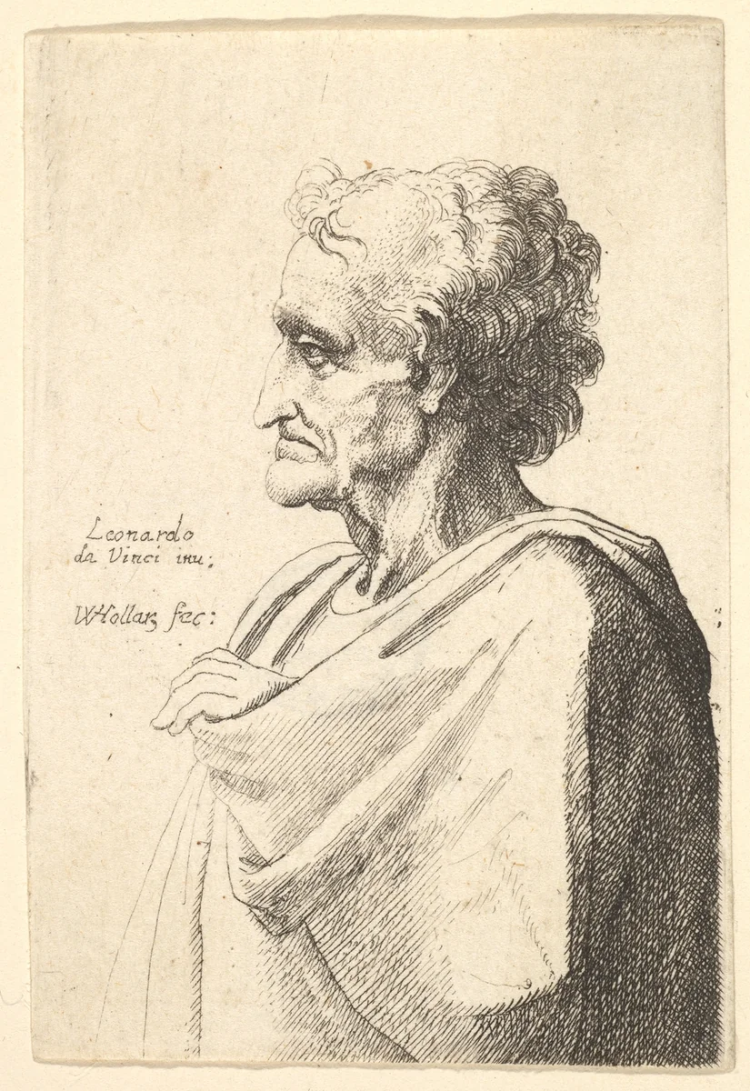 Man with doleful expression to left with hand emerging from cloak by Wenceslaus Hollar, print, 1644-1652
