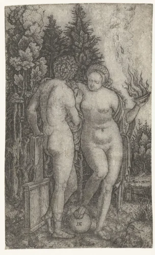 Jongeman beschermd door vrouw met globe en offerschaal als personificatie van Fortuin (Fortuna) by Unknown, print, 1506-1507