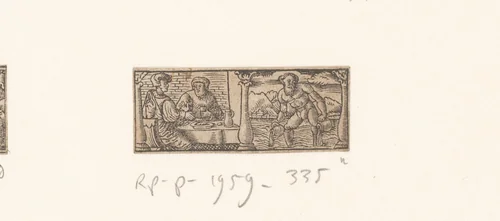 Twee mannen aan een tafel en het sterrenbeeld Waterman by anonymous, print, 1500-1599
