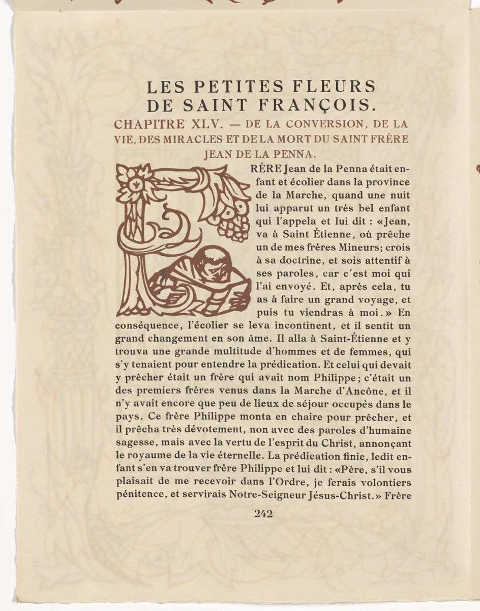 Pictorial initial (page 242) from Les Petites Fleurs de St. François (The Little Flowers of St. Francis) by Émile Bernard, illustrated book, 1928