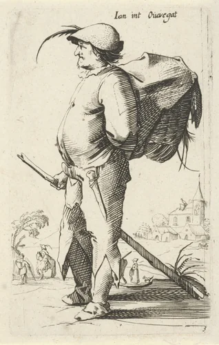 Man met rugzak en stok, gezien en profil by anonymous, print, 1630-1715