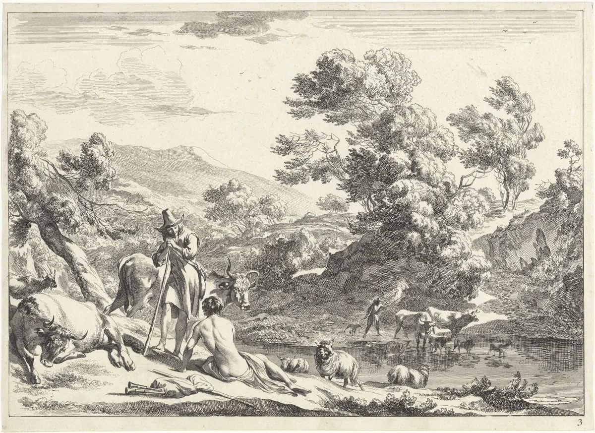 Rustende bader op een rivieroever by Jan de Visscher, print, 1670